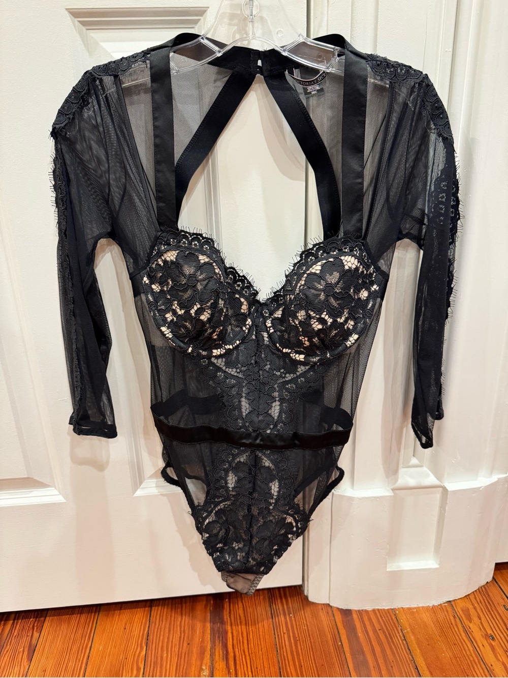 Victoria’s Secret Black Lace Sheer Bodysuit Satin Straps Sz. 36C Goth Romantic